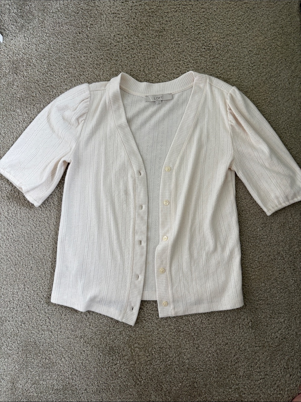 LOFT Light Cream Short-Sleeve Button Cardigan